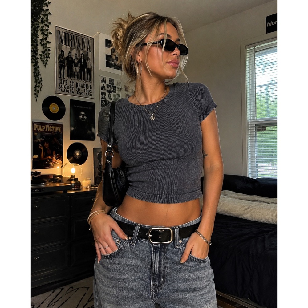 Eye Candy S/M Charcoal Gray Acid Wash Ribbed Seamless Crop Top NWT Y2K